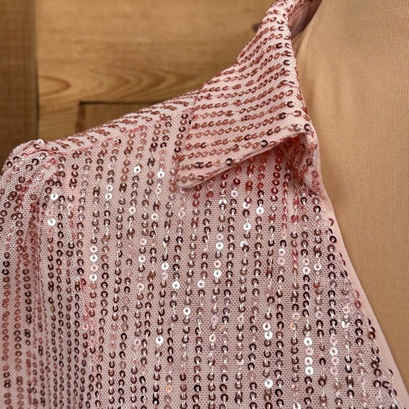 DOUBLE CRAZY Pink Sequin Long Sleeve V Neck Tie Waist Collared Wrap‎ Dress Sz S - Picture 6 of 16